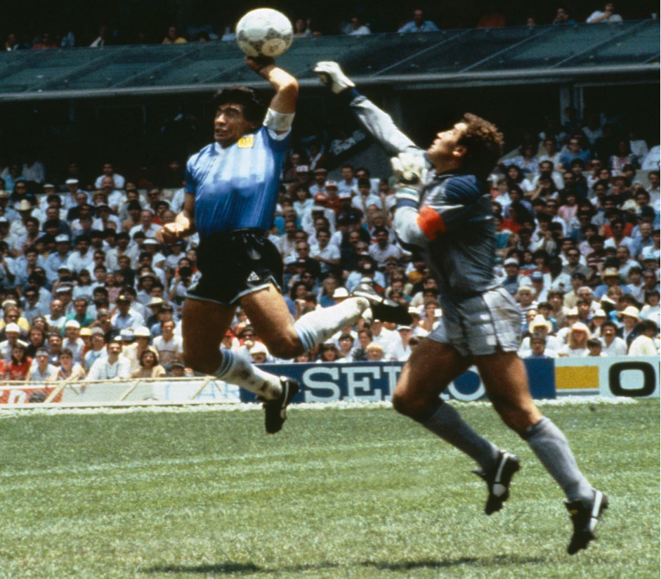 Maradona Scoring with His Hand in the 1986 World Cup Against England.
