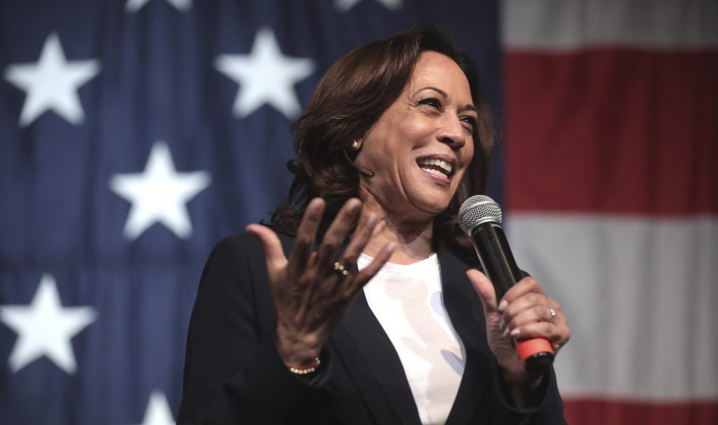 Sen. Kamala Harris speaks at the 2019 Iowa Democratic Wing Ding at Surf Ballroom in Clear Lake, Iowa, Aug. 9, 2019.